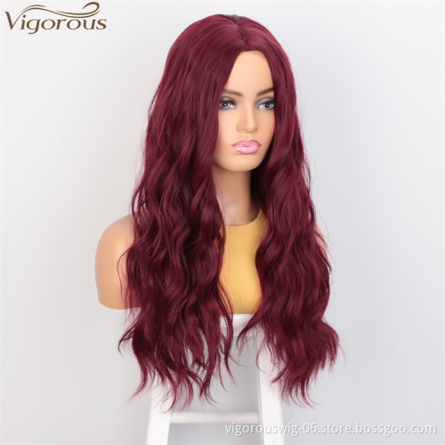 Vigorous High Temperature Long Wavy Wig Middle Part Synthetic Red Wigs For Black Women Cosplay Party Wigs Wholesale Price